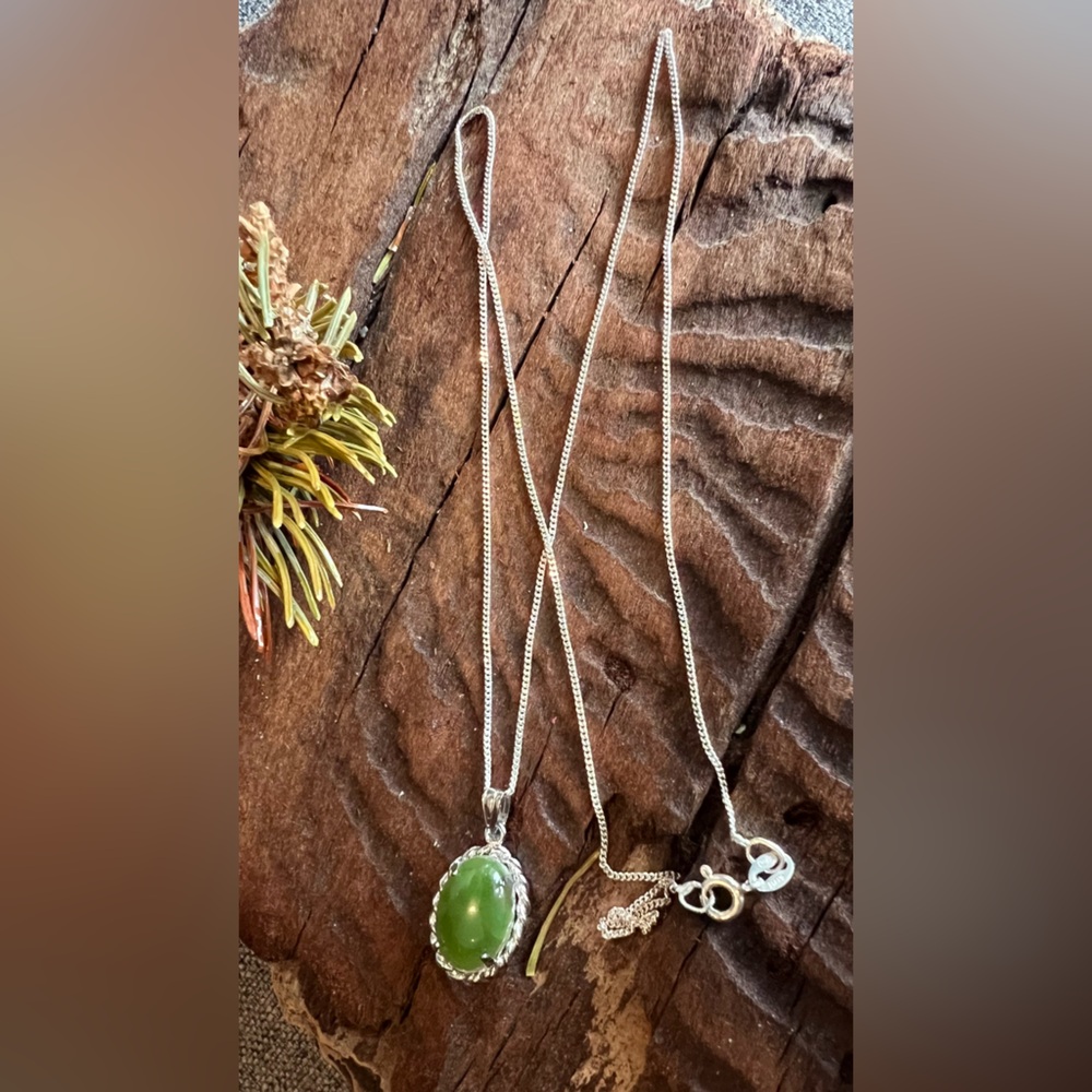 NWT BC Jade Necklace Green Gem Cabochon Pendant Italian Curb Chain 20”